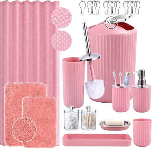 24 PCS Pink Bathroom Accessories Set with Shower Curtain and Rugs, Bathroom Sets with Extra Soft and Absorbent Bath Rugs Shower Curtain Pink Bathroom Sets for Bath