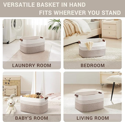 45L Small Laundry Basket with Leather Handles for Living Room Storage, Woven Rope Baskets Bin for Blanket, Kids Toy, Gifts, Wicker Hamper for Bedroom Dirty Clothes, 18"x14"x11" White Brown