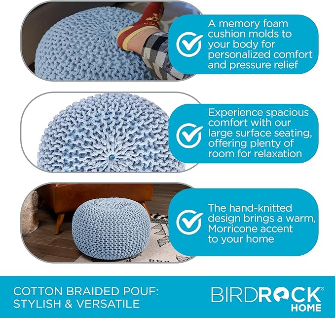 BIRDROCK HOME Round Pouf Ottoman | Cotton Braided Foot Stool with Bean Bag Filling | Boho Foot Rest for Living Room & Bedroom | Compact & Comfortable Seating, Lightweight & Soft | Soft Blue