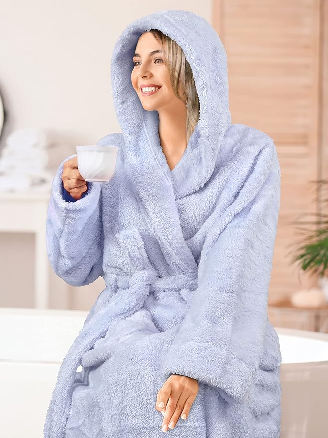 PAVILIA Women Hooded Plush Soft Robe | Fluffy Warm Fleece Sherpa Shaggy Bathrobe