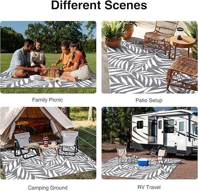OLANLY Waterproof Outdoor Rug 6x9 ft, Reversible Outdoor Plastic Straw Rug with Leaf Pattern, RV Mat, Indoor Outdoor Carpet for Patio, Camping, Balcony, Deck, Backyard, Grey & White