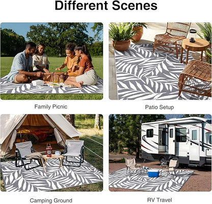 OLANLY Waterproof Outdoor Rug 9x12 ft, Reversible Outdoor Plastic Straw Rug with Leaf Pattern, RV Mat, Indoor Outdoor Carpet for Patio, Camping, Balcony, Deck, Backyard, Grey & White