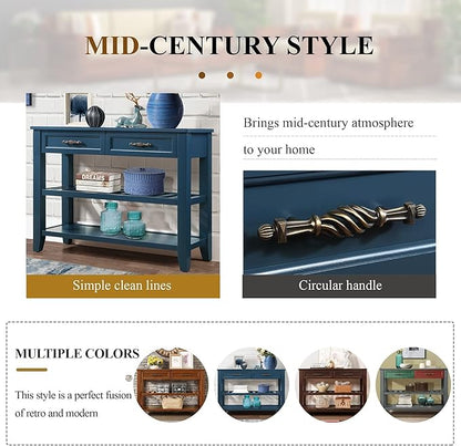 Solid Wood Console Table Entryway Table with Storage Drawers and Shelves Sofa Table for Entry Hallway Foyer(42" Navy Blue)