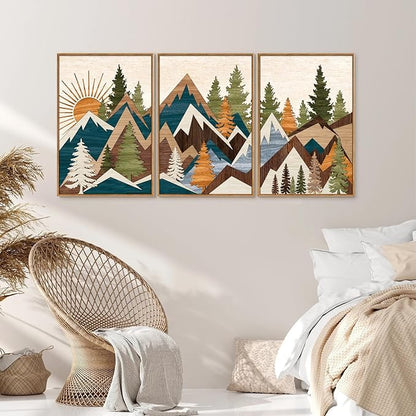 Tinonedraw Large Metal Mountain Framed Canvas Wall Art of 3, Boho Rustic Sunrise Forest Wall Decor, Modern Nature Country Artwork, Vintage Wilderness Art Print for Living Room Bedroom Office 16"x24"