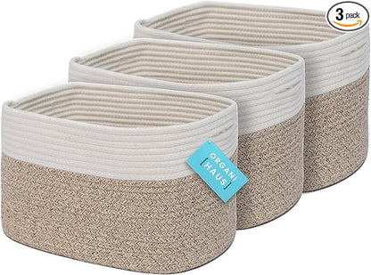 OrganiHaus Set of 3 Woven Storage Baskets for Organizing, Cotton Rope Organizer Bins for Shelves, Closet & Nursery, Dog Toy Basket, Decorative Bins for Toys, Towels & Books - 15x10x9, Brown