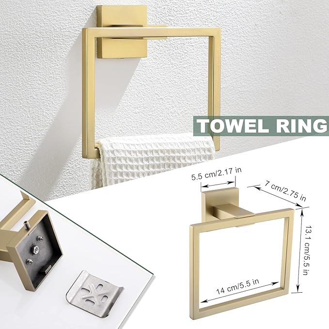 Brushed Gold Bathroom Towel Bar Holder Sets Premium Stainless Steel 4-Piece Bathroom Hardware Set Wall Mounted Bathroom Toilet Paper Holder with Shelf Set.