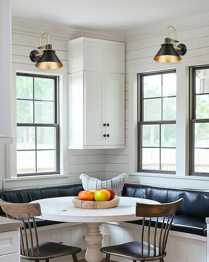 Wall Sconces Set of Two, HWH Modern Sconce Wall Lighting, 1-Light Gooseneck Barn Vanity Light, Industrial Wall Lamp for Bedroom Kitchen Bathroom, Black and Gold Finish, 5HZG56B-2L BK+BG