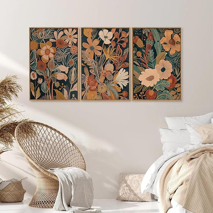 Tinonedraw Vintage Burnt Orange Floral Framed Canvas Wall Art Set of 3, Boho Chic Flower Artwork, Mid Century Modern Plant Wall Decor, Colorful Neutral Botanical Art Prints for Bedroom Living Room Office 16"x24"