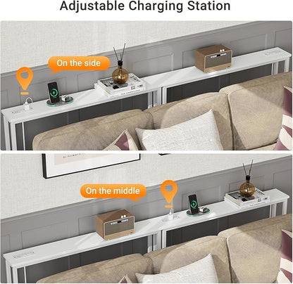 ELYKEN 2 Pack 5.9" Narrow Console Sofa Table with Power Outlets, 5.9" Dx39.4 Wx31.1 H Long Couch Table with Metal Frame and Charge Station with 6.5’ Extension Cord, White