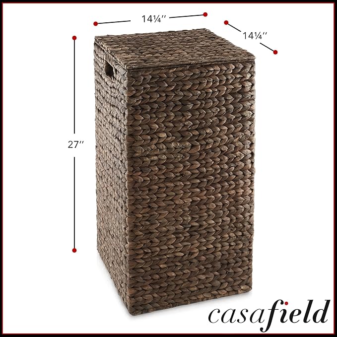 Casafield Laundry Hamper with Lid and Removable Liner Bag - Espresso, Woven Water Hyacinth Square Laundry Basket Sorter for Clothes and Towels