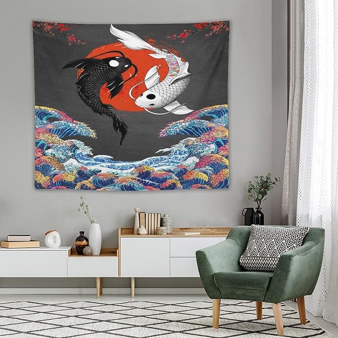 Houselerax Japanese Koi Fish Tapestries, Yin Yang Big Wave Cherry Blossom Tapestry Wall Hanging for Bedroom Living Room Office Decor 60"x50"
