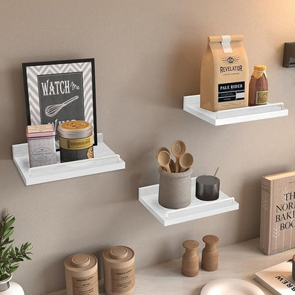 Small Floating Shelf, 6 X 9 Inches Farmhouse Wall Shelves for Living Room, Bedroom, Picture Frames, Plants, Kitchen, Set of 3 (White)