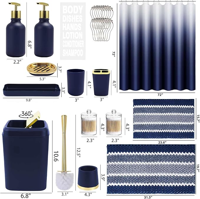 25PCS Navy Blue Bathroom Accessories Sets Complete, with Shower Curtain, Rugs, Trash Can and Toilet Brush, Soap Dispenser, Toothbrush Holder and Cup, Soap Dish, Qtip Holder, Bathroom Decor Sets