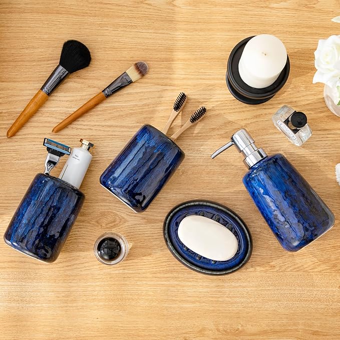 vancasso Blue Bathroom Accessories Set, Ceramic Soap Dispenser and Toothbrush Holder Sets, Stoneware 4 Pcs Bathroom Sink Set for Modern Home Decor, Series Starry