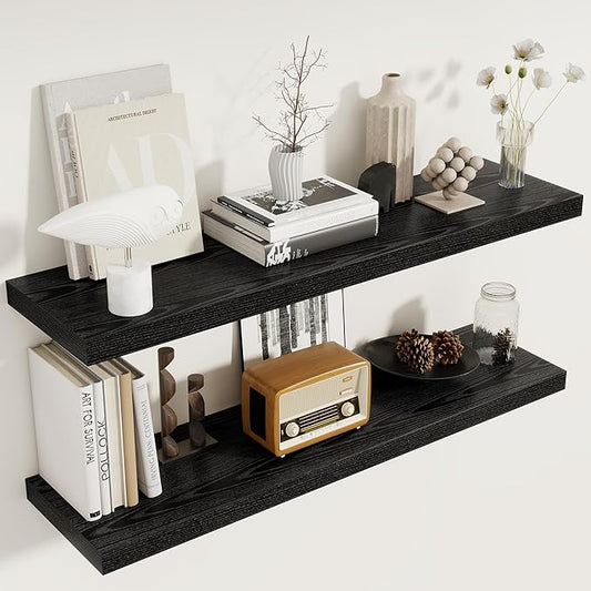 40 Inch Floating Shelves Set of 2, 8 Inch Deep Wall Shelf, Rustic Wood Storage Shelves for Bedroom, Kitchen, Bathroom, Wall-Mounted Shelf with Invisible Brackets for Books|Storage Black