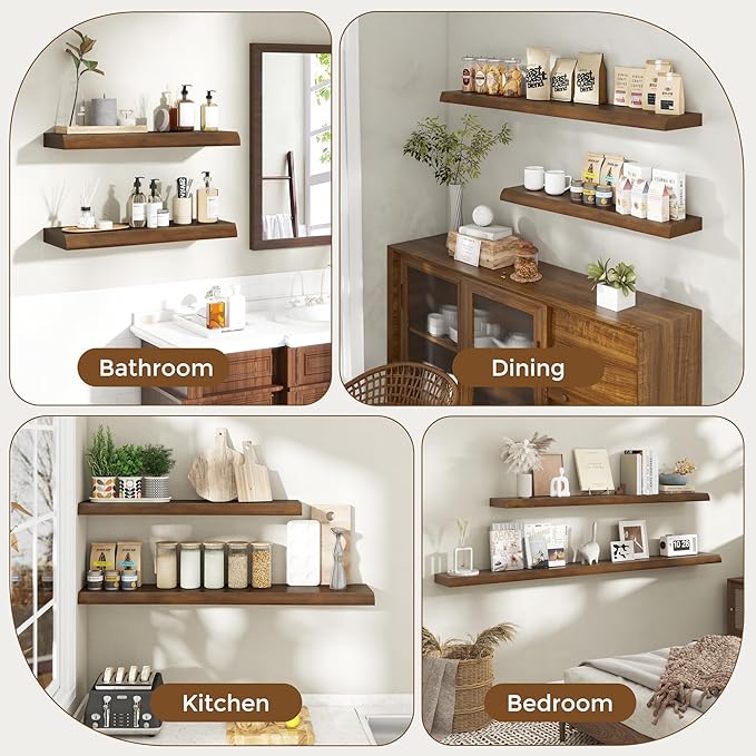 RICHFOCUS Live Edge Wood Floating Shelves 55" Natural Solid Wood Wall Mounted Shelf|Extra Long Floating Shelves for Wall with Invisible Bracket for Bathroom Kitchen Room|1Pcs, Walnut