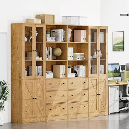 71" Tall Bookshelves Set of 4, 2 Bookcases with Drawers & 2 Bookshelves with Doors, Wooden Bookshelves Floor Standing Display Storage Shelves Home Decor Furniture for Home Office, Living Room