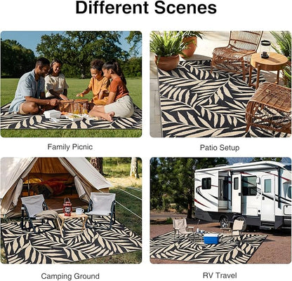 OLANLY Waterproof Outdoor Rug 8x10 ft, Reversible Outdoor Plastic Straw Rug with Leaf Pattern, RV Mat, Indoor Outdoor Carpet for Patio, Camping, Balcony, Deck, Backyard, Black & Beige