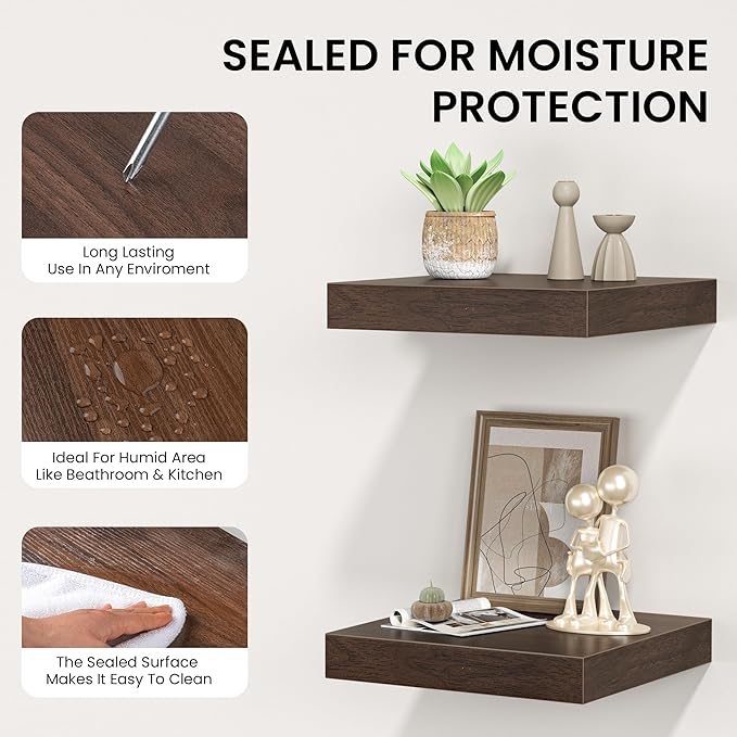 Square Floating Shelves for Wall, 10" W x 10" D x 1.2" H, Small Wooden Wall Mounted Display Shelves with Invisible Brackets for Living Room, Bedroom, Bathroom, Kitchen Decor, Set of 4, Walnut