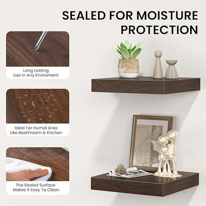 Square Floating Shelves for Wall, 10" W x 10" D x 1.2" H, Small Wooden Wall Mounted Display Shelves with Invisible Brackets for Living Room, Bedroom, Bathroom, Kitchen Decor, Set of 4, Walnut
