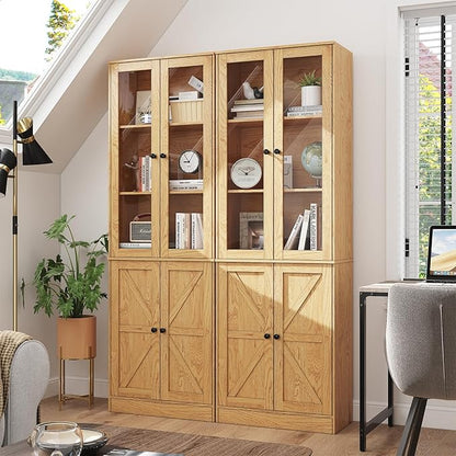 71" Tall Bookcases Set of 2, Bookshelves with Doors, 5-Shelf Bookcase with Storage, Wooden Bookshelf Floor Standing Display Storage Shelves Home Decor Furniture for Living Room,Bedroom,Natural