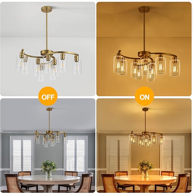 9-Light Gold Glass Chandelier, Adjustable Height Dining Room Light Fixtures Over Table, Contemporary Hanging Chandelier for Kitchen Island Living Room Foyer Office, Clear Glass Shade