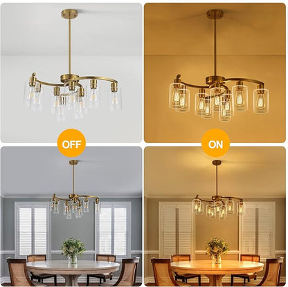 9-Light Gold Glass Chandelier, Adjustable Height Dining Room Light Fixtures Over Table, Contemporary Hanging Chandelier for Kitchen Island Living Room Foyer Office, Clear Glass Shade
