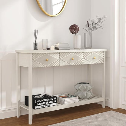 47" Fluted Console Table with 3 Drawers, Narrow Long Entryway Table with Storage Shelf, Sofa Tables for Entryway, Living Room, Behind Couch, Foyer, Hallway, Office (Beige)