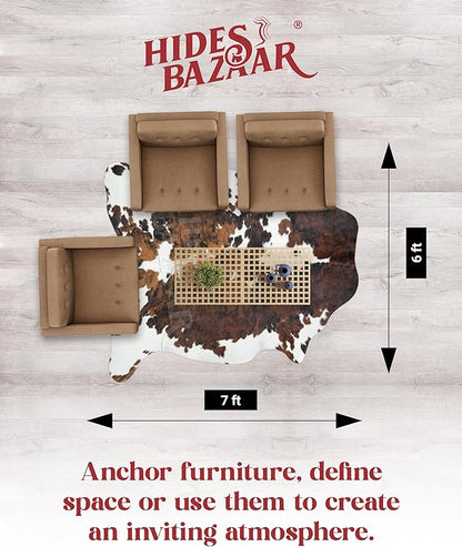 Tricolor Cowhide Rug Classic Brown, Black and White Color Mix, Natural Leather Hide, Area Rug (6x7ft)