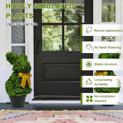 2 Pcs Artificial Bunny Shaped Topiary Trees, Artificial Green Boxwood Bunny Decorations with Gold Bow, Perfect for Indoor & Outdoor Front Porch, Easter& Garden Decor (Bunny Tree with Base)