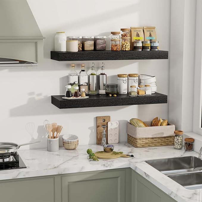 36 Inch Floating Shelves, 12" Deep Floating Shelf Wall Mounted, 36" Wall Shelves, Rustic Deep Bookshelf, Extra Deeper & Thicker Display Shelves for Bedroom, Living Room, Black, Set of 2