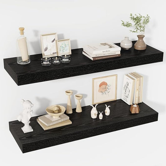 40 Inch Floating Shelves, 12" Deep Floating Shelf Wall Mounted, 40" Wall Shelves, Rustic Deep Bookshelf, Extra Deeper & Thicker Display Shelves for Bedroom, Living Room, Black, Set of 2