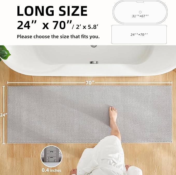 Bathroom Runner Rugs, Long Bath Mat Runner Washable Thin Quick Dry Low Pile Bathroom Runner Rugs Non Slip, Light Grey 24"x70"