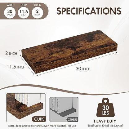 30 Inch Floating Shelves, 12" Deep Floating Shelf Wall Mounted, 30" Wall Shelves, Rustic Deep Bookshelf, Extra Deeper & Thicker Display Shelves for Bedroom, Living Room, Brown, Set of 2
