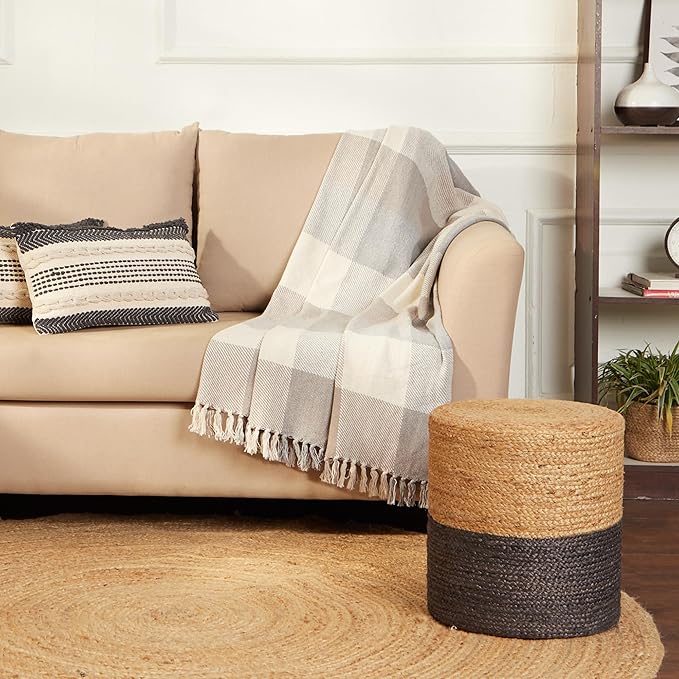 REDEARTH · Cylindrical Pouf Foot Stool Ottoman - Jute Braided Pouffe Poof Accent Sitting Footrest for Living Room, Bedroom, Nursery, Patio, Lounge - Set of 2 (14.5”x14.5”x16”; Natural Gray)