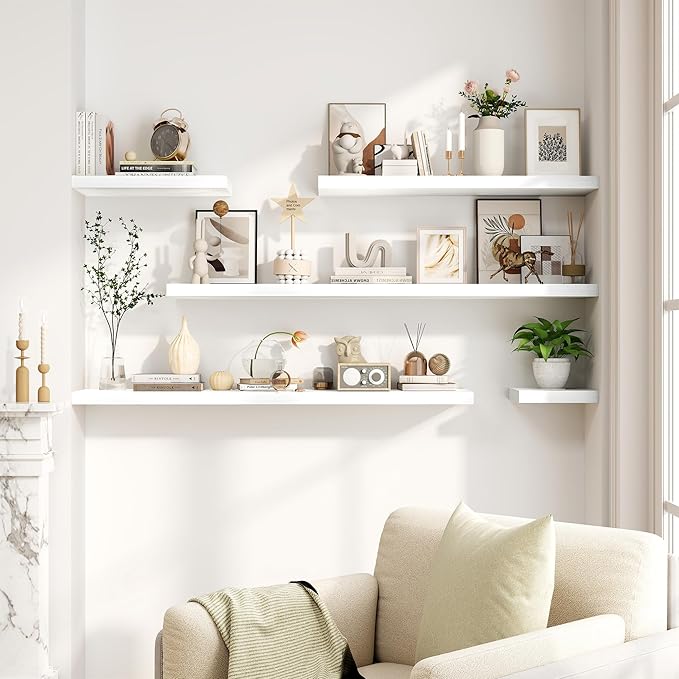 8 Inch Deep Floating Shelves White, Rustic Wood Floating Shelf for Home Decor, 8 x 8 Inch Square Wall Shelves, Wooden Storage & Display Shelves for Kitchen, Bathroom, Living Room, Set of 2