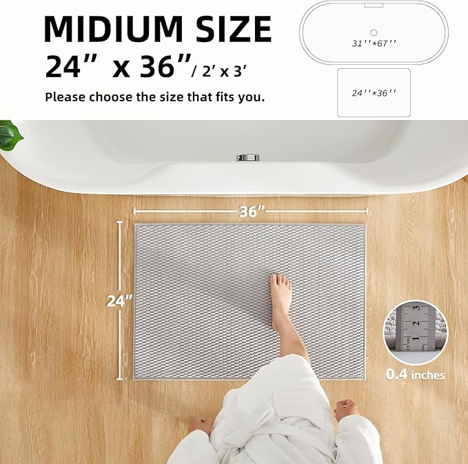 Bathroom Rugs Non Slip Washable, Super Absorbent Thin Bath Mat Quick Dry Low Pile Bathroom Rug, Light Grey 24"x36"