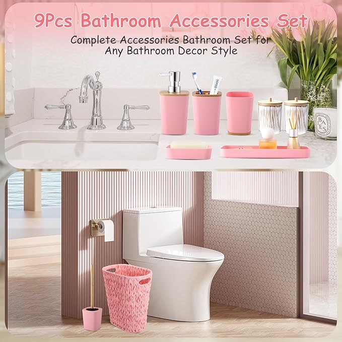 Bathroom Accessories Set with Wicker Trash Can, Pink Bathroom Accessories Pink Bathroom Sets Small Waste Basket Bathroom Trash Can for Bedroom Bathroom