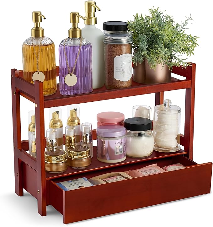 Sorbus Bamboo Bathroom Counter Organizer – 2-Tier Shelf with Hidden Drawer for Vanity, Matcha Station, Bathroom Sink Organizer Countertop, Kitchen & Office Storage (17″ L x 6.5″ W x 12.6″ H) (Brown)