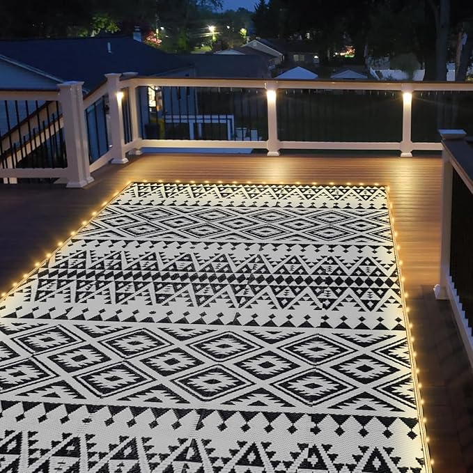 6x9ft Waterproof Outdoor Rug with LED Lights, Bohemia Reversible Plastic Straw Mat for Patio RV Camping Picnic Balcony Beach Deck Indoor Outdoor Carpet, Black&White