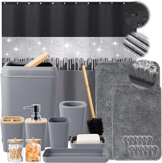 Bathroom Accessories Set with Glitter Shower Curtain and Bath Mats, 24 Piece Grey Shower Curtain Set,Bathroom Accessories Set Complete for Home Decor