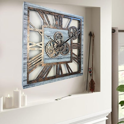 The Gears Clock 24'' Inch Square Real Moving Gear Wall Clock Vintage Industrial Oversized Rustic Farmhouse (Silver Grey)