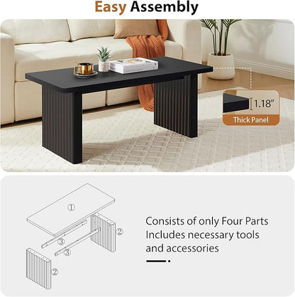 Rectangular Fluted Coffee Table, Farmhouse Wood Coffee Table Mid Century Modern Center Table Boho Living Room Tables for Living Room Office (Black, 19.69" D x 43.3" W x 17.72" H)