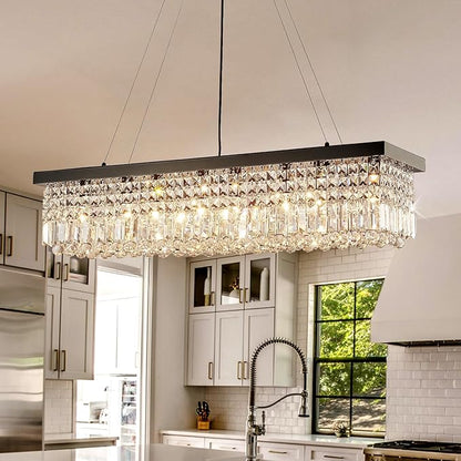8 Light Modern Crystal Chandelier for Dining Room,Rectangular Rectangle Raindrop Crystal Light Fixture,Height Adjustable for Kitchen Island L40''xW10''xH10''