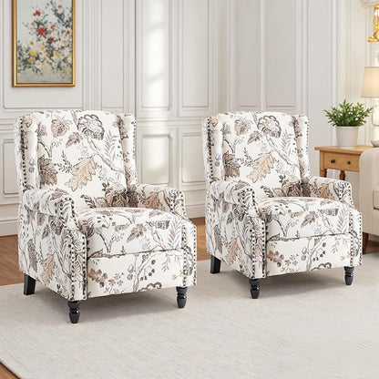 UIXE Recliner Chairs Set of 2, Fabric Upholstered Armchair Pushback Accent Chair for Living Room, Floral Rivet Trim Club Chair Home Theater Single Sofa Bedroom Side Reading Seat - Beige Plants
