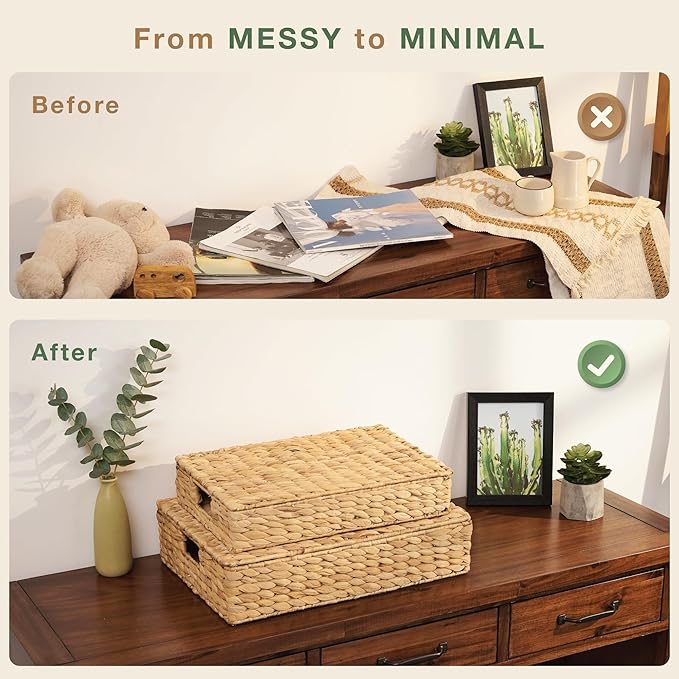 Set of 2 Wicker Baskets with Lid for Organizing - Decorative Storage Boxes With Lids for Home Decor, Shelves - Organic Modern Home Decor - Remote Box - Coffee Table Basket