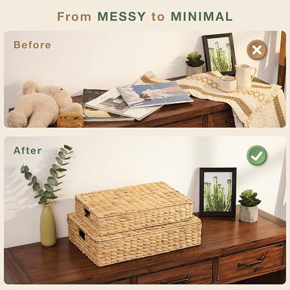 Set of 2 Wicker Baskets with Lid for Organizing - Decorative Storage Boxes With Lids for Home Decor, Shelves - Organic Modern Home Decor - Remote Box - Coffee Table Basket