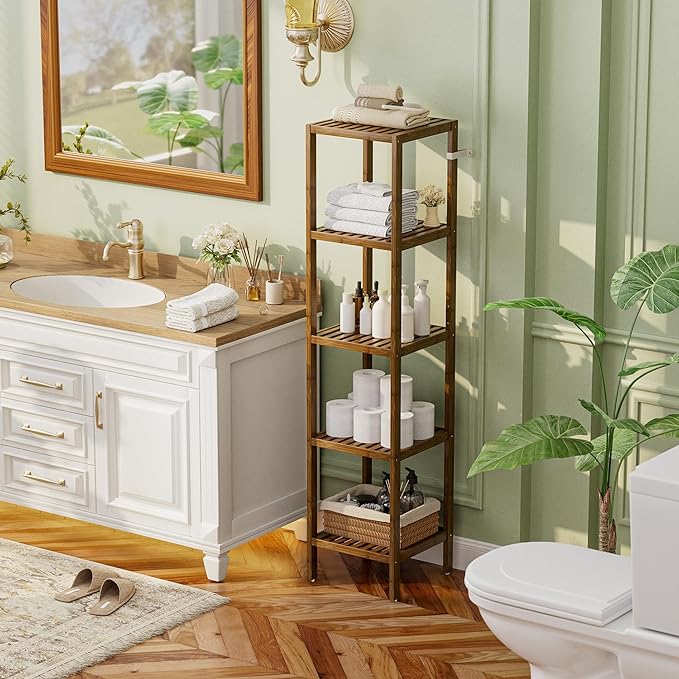 SMIBUY Bathroom Storage Shelf, 5-Tier Bamboo Rack Organizer, Multifunctional Shelving Unit for Living Room Bedroom Kitchen (Walnut)