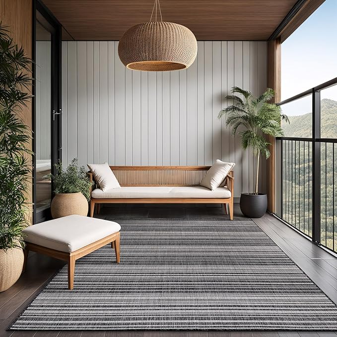 Stripe Outdoor Rug 9x12 Washable Outside Carpet for Indoor Patio Porch Waterproof Easy Cleaning Non Shedding Area Rugs Dark Gray 9 x 12