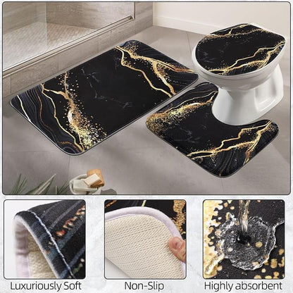Bathroom Set Bathroom Sets with Shower Curtain and Rugs,Black Bathroom Accessories Set Waterproof Black and Gold Shower Curtain Set
